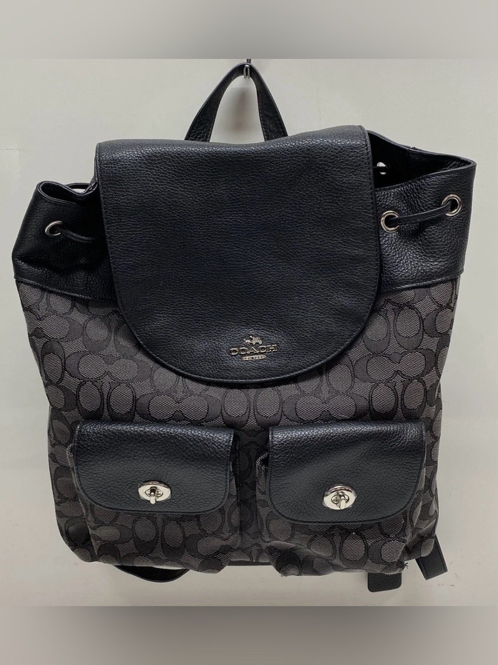 Coach Billie Black and Charcoal Signature Drawstring Backpack